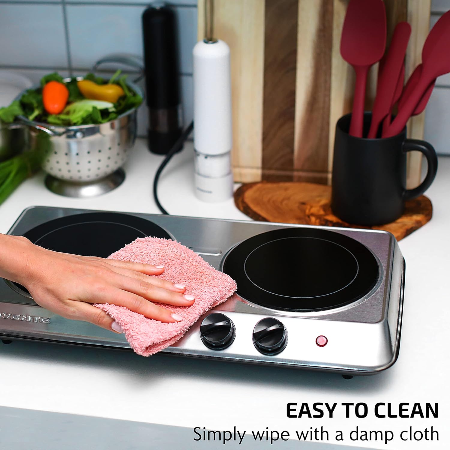 OVENTE Countertop Infrared Double Burner, 1700W Electric Hot Plate and Portable Stove with 7.75" and 6.75" Ceramic Glass Cooktop, 5 Level Temperature Setting and Easy to Clean Base, Silver BGI102S - Image 4